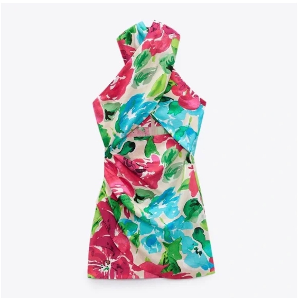 Zara mini cross neck floral dress NWT